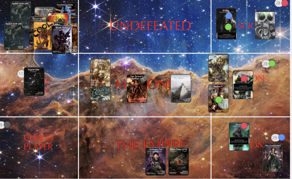Playingcards.io screenshot of the playspace for the Scions game.

Notably, the top card in the UNDEFEATED section is actually a card which clearly shouldn't be there, so I presume I mocked up this screenshot, but as none of you know the rules, it probably doesn't matter.